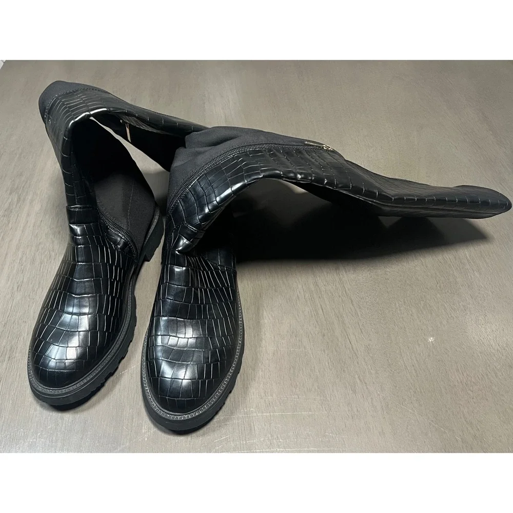 Black Croc Embossed Over The Knee Lug Sole Boots Stretch Back Sz 10